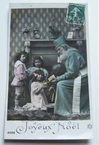 Rppc Christmas Joyeux Noel Vintage Color Postcard Old World Santa Toys Children