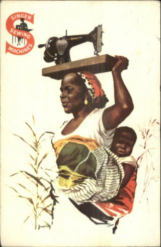 Black African Woman Child Singer Sewing Machine Old Postcard G19