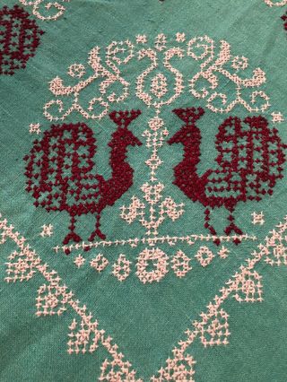 Vintage Hand Sewn Linen Tablecloth Turquoise Peacocks 60 X 72