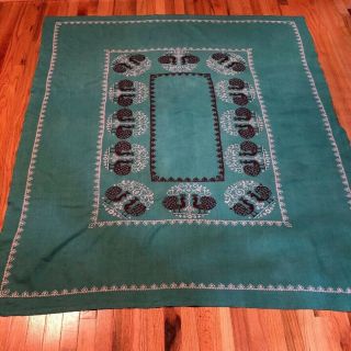 Vintage Hand Sewn Linen Tablecloth Turquoise Peacocks 60 X 72 2