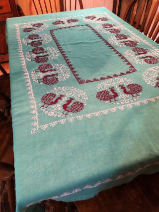 Vintage Hand Sewn Linen Tablecloth Turquoise Peacocks 60 X 72 3