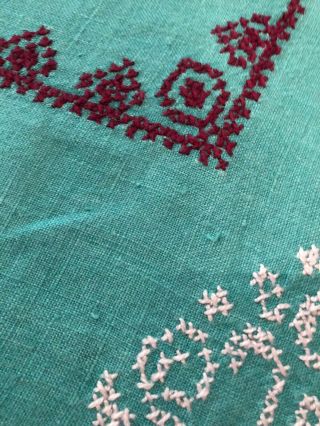 Vintage Hand Sewn Linen Tablecloth Turquoise Peacocks 60 X 72 5