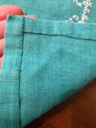 Vintage Hand Sewn Linen Tablecloth Turquoise Peacocks 60 X 72 7