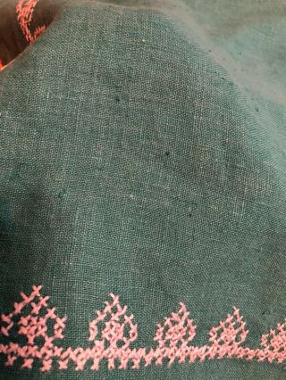 Vintage Hand Sewn Linen Tablecloth Turquoise Peacocks 60 X 72 8