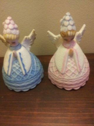2 Vintage - Lefton Hand Painted Praying Angel Bells - 1 Blue & 1 Pink - Euc