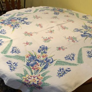 Vintage Rectangle Table Cloth 48 " X 44 " White W/blue Iris Flowers Cotton