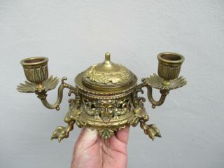 A Fine Victorian Gothic Style Heavy Brass Inkwell/candlestick C1880s