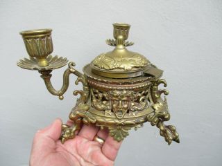 A Fine Victorian Gothic Style Heavy Brass Inkwell/Candlestick c1880s 8