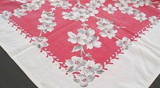 Vtg Cherry Red Cotton Print Tablecloth Gray White Dogwood Flowers 48 X 52