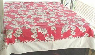 VTG CHERRY RED COTTON PRINT TABLECLOTH GRAY WHITE DOGWOOD FLOWERS 48 x 52 2