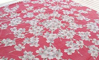 VTG CHERRY RED COTTON PRINT TABLECLOTH GRAY WHITE DOGWOOD FLOWERS 48 x 52 3