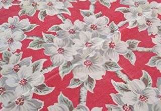VTG CHERRY RED COTTON PRINT TABLECLOTH GRAY WHITE DOGWOOD FLOWERS 48 x 52 4
