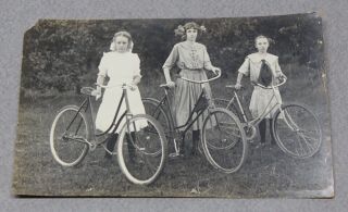 3 Girls With Vintage Bicycles Real Photo Postcard Rppc Circa 1910s?
