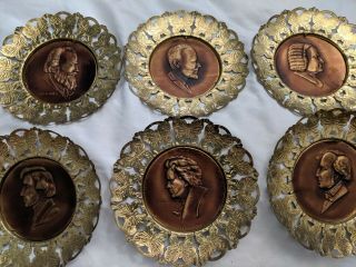 Set Of 6 Vintage Brass And/or Copper Hanging Wall Plates With Composers
