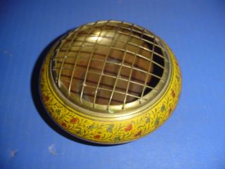 Vintage Brass Flower Frog Etched Color 5.  5 Inch Antique 2 Piece Wire Mesh Lid