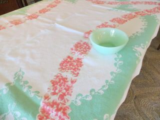 Vtg Pink Hydrangea Jadite / Green Heavy Cotton Tablecloth Color 50x66