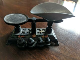 Vintage Miniature Black Cast Iron Balance Scale With 4 Weights