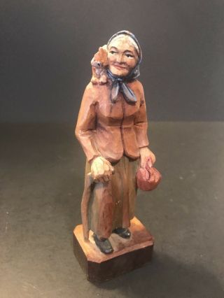 Vtg Wood Carved Old Woman & Shoulder Cat Switzerland Souvenir Urlo Aq