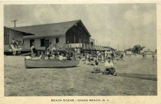 Jersey Photo Postcard: Beach Scene Of People In Life Boat Union Beach,  Nj