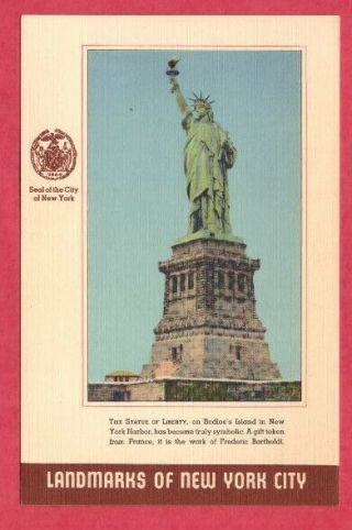 Landmarks Of York City Statue Of Liberty Linen Postcard Circa 1930s Ny