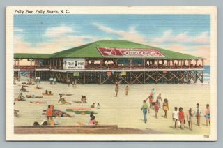 Folly Beach Pier—rare Vintage Charleston Sc South Carolina Linen Coca Cola 1940s