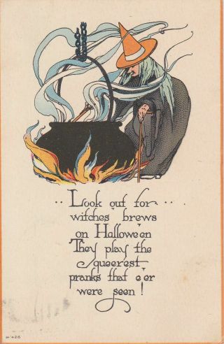 Old Vintage Halloween Postcard Witch Stirring Cauldron Blue Smoke Poem