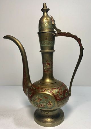 Vintage Brass Teapot Made In India With Red Engraving