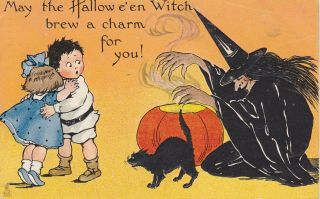 Old Vintage Tuck Halloween Postcard Witch Pumpkin Children Hug Rare Card