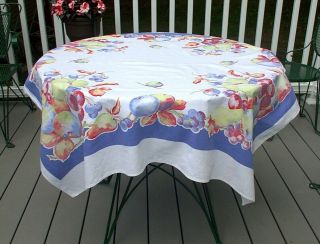 Vintage Print Tablecloth Blue Yellow Green Red Fruit