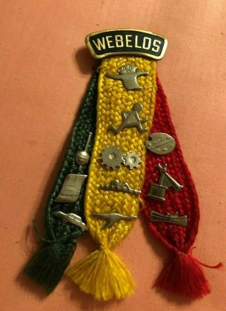 1950s Vintage Webelos Tri Color Ribbon With 11 Activity Pins Boy Scouts Exc Cond