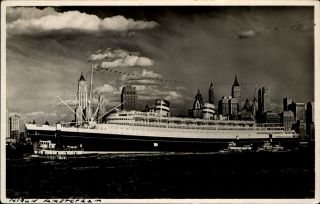 Ss Nieuw Amsterdam Arriving York City Harbor Rppc Skyline Tug Photo 1930s