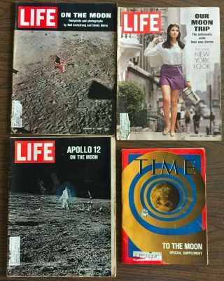 3 Life,  1 Time Magazines: Apollo 11,  12 Moon Lunar Landings: July/aug/dec 1969