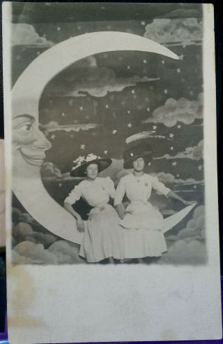 2 Ladies In Huge Paper Moon,  Photo Post Card 1910 Sisters Twinning,  1910 Chicago
