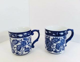 Bombay Asian Garden Blue & White Ceramic Floral Set Of 2 Coffee Tea Mugs
