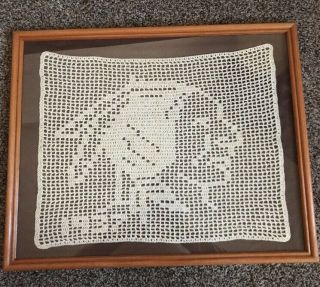 Vintage Hand Crocheted Native American Doily Frame Wall Art Indian Head 1937