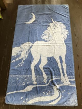 Cool Vintage Retro Seven Seas Blue White Unicorn With Moon Beach Pool Towel