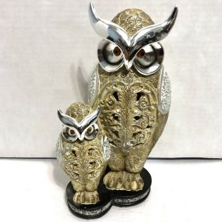 Vintage 12” Shiny Hoot Owl & Owlet Statue Figurines Heavy Rare