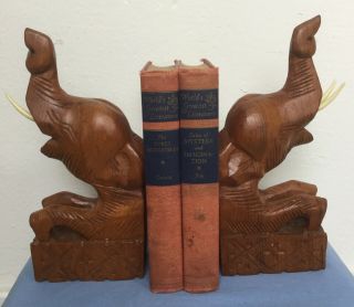 Vintage Hand Carved Wooden Elephant Book Ends 10” X 4” X 2 1/2”