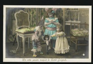 Old R.  Photo Postcard 1910.  Edwardian Girl Big Jumeau Dolls & Mr.  Punch Pulcinella