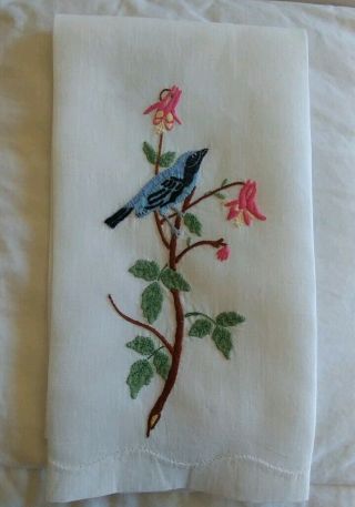Vintage MADEIRA Embroidered Blue Bird on Branch Guest Towel Napkin 18 