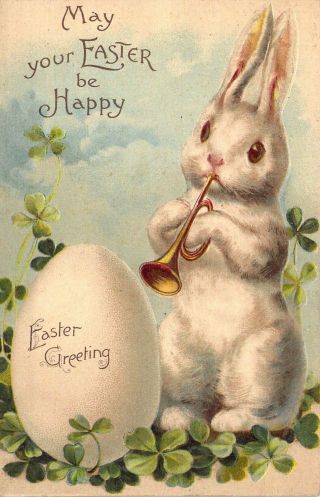 Easter Bunny Playing A Trumpet,  Animals,  Old Postcard