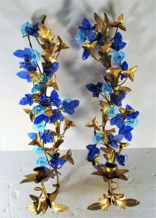 Pair Vintage Wall Candlestick Garniture Blue Glass Flowers & Leaves Gilded Meta