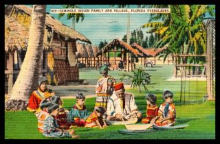 Seminole Indian Family And Village Florida Everglades Vintage C1956 Postcard G23