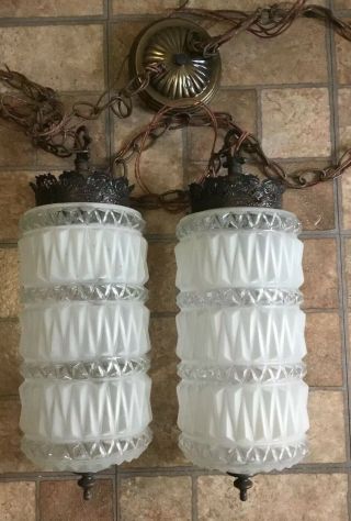 Vintage Spanish Tudor Gothic Hanging Swag Double Light Lamp Clear Frosted Glass