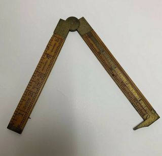 Lufkin No 372 Boxwood Caliper Wood Wooden Metal Brass Folding Slide Ruler Vtg