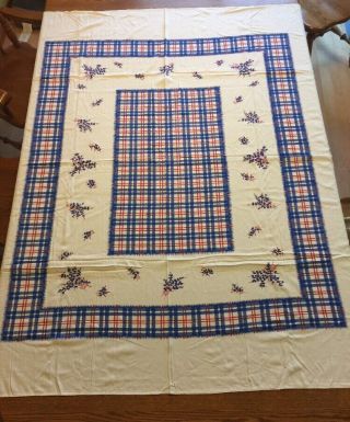 Vintage Printed Tablecloth Plaid Floral Red White Blue 66 " X 60 " Very