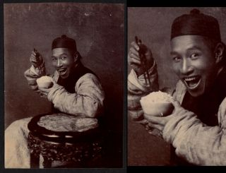 Laughing Funny Face Chinese Man Eats Rice 1910s Vintage China Photo