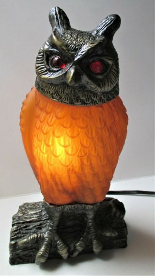 Owl Night Light Amber Glass Lamp Cast Iron Brass Base Red Glass Eyes Halloween