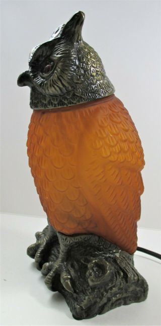 Owl Night Light Amber Glass Lamp Cast Iron Brass Base Red Glass Eyes Halloween 4