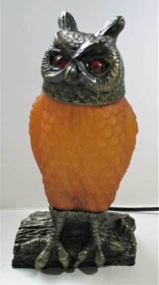 Owl Night Light Amber Glass Lamp Cast Iron Brass Base Red Glass Eyes Halloween 5